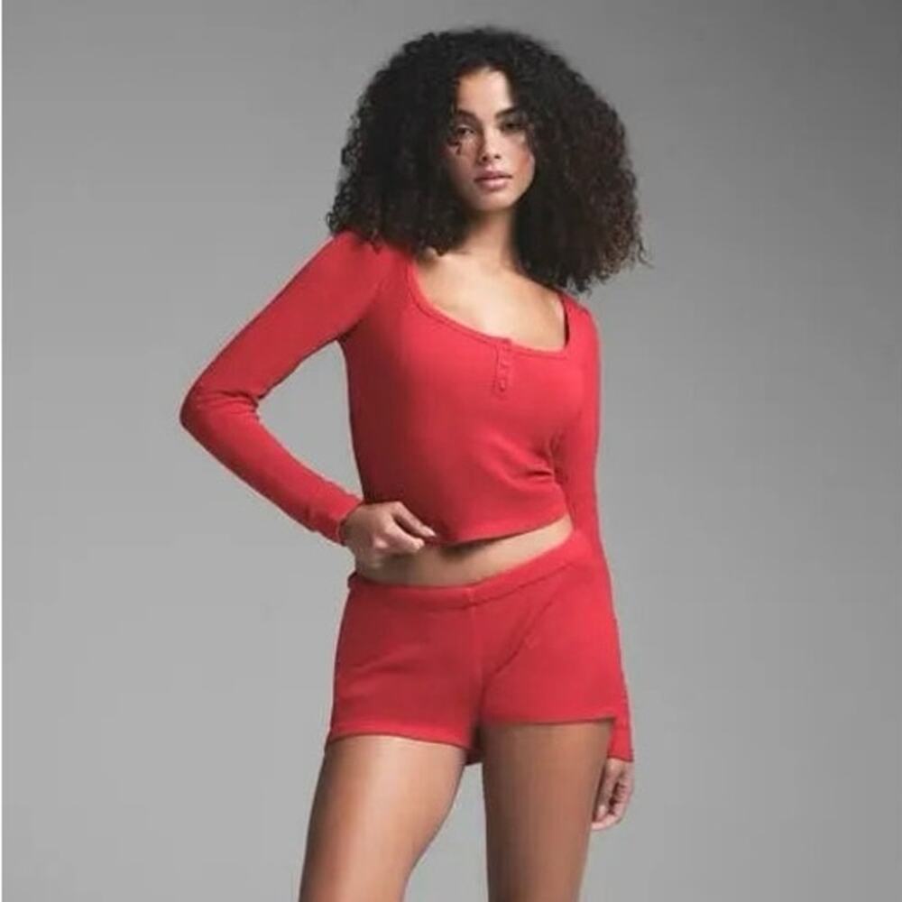 Skims Thermal Knit Henley Short Pajama Set Cranberry Cozy Lounge Sleepwear MED